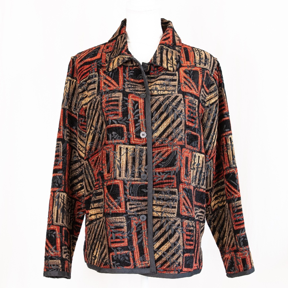 Coldwater Creek Reversible Blazer Red/Black/Gold Pattern & Black Embroidered - Picture 2 of 15